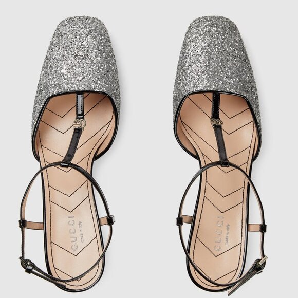 GUCCI SHOES T-STRAP SILVER GLITTER SLINGBACK PUMPS w DOUBLE G LOGO sz 37.5 7.5 - Picture 3 of 14
